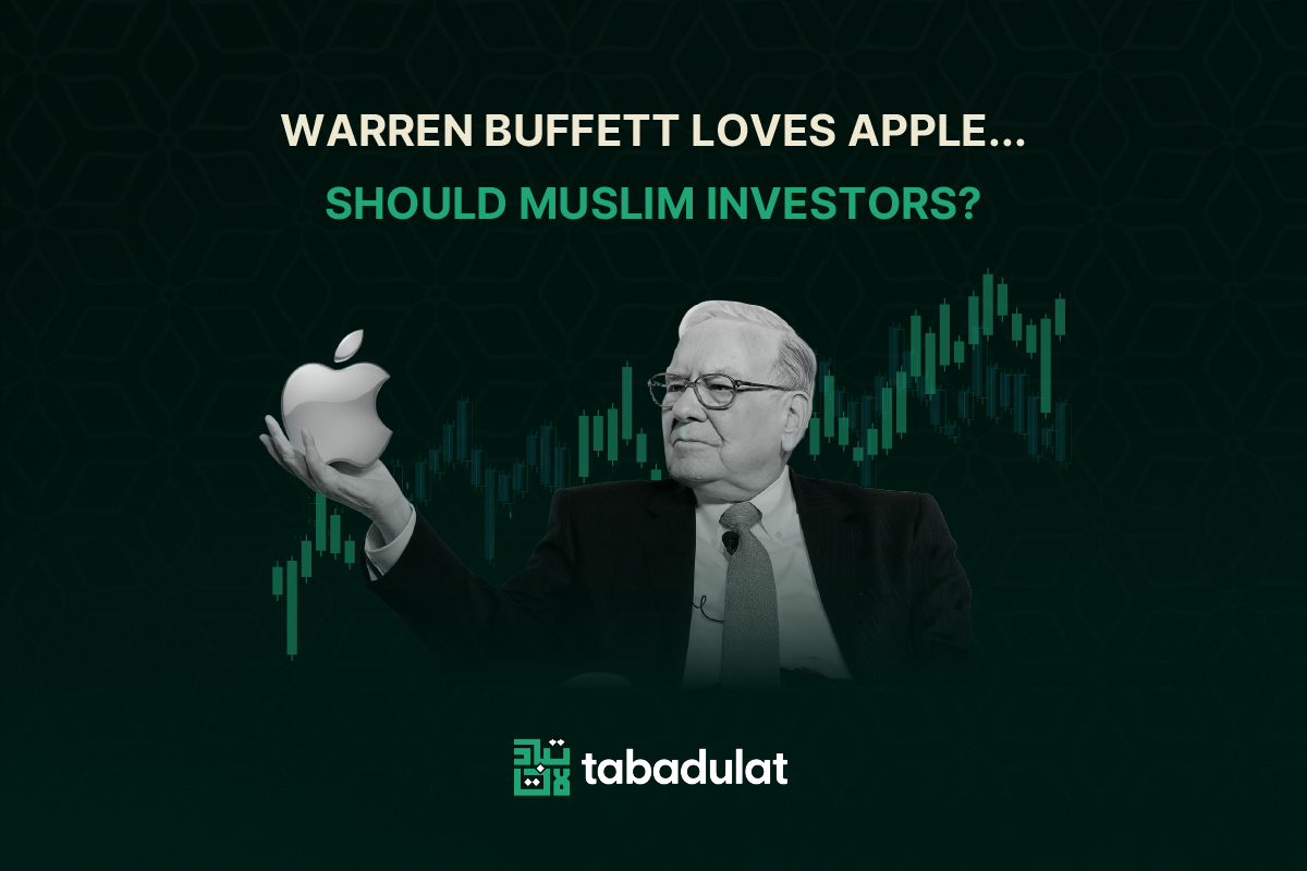 Warren Buffett Loves Apple... But Should Muslim Investors? Warren Buffet holding up Apple logo