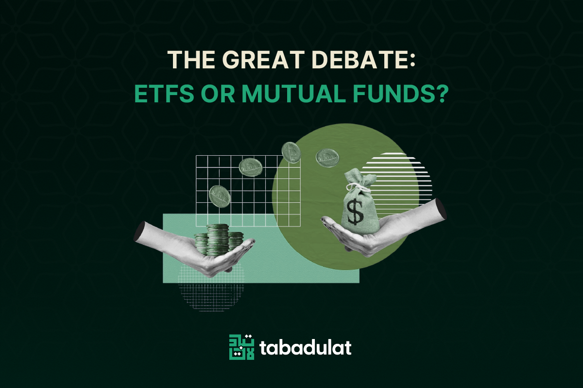 ETFs vs Mutual Funds graphic by Tabadulat for halal investing comparison with coins and money bag illustration