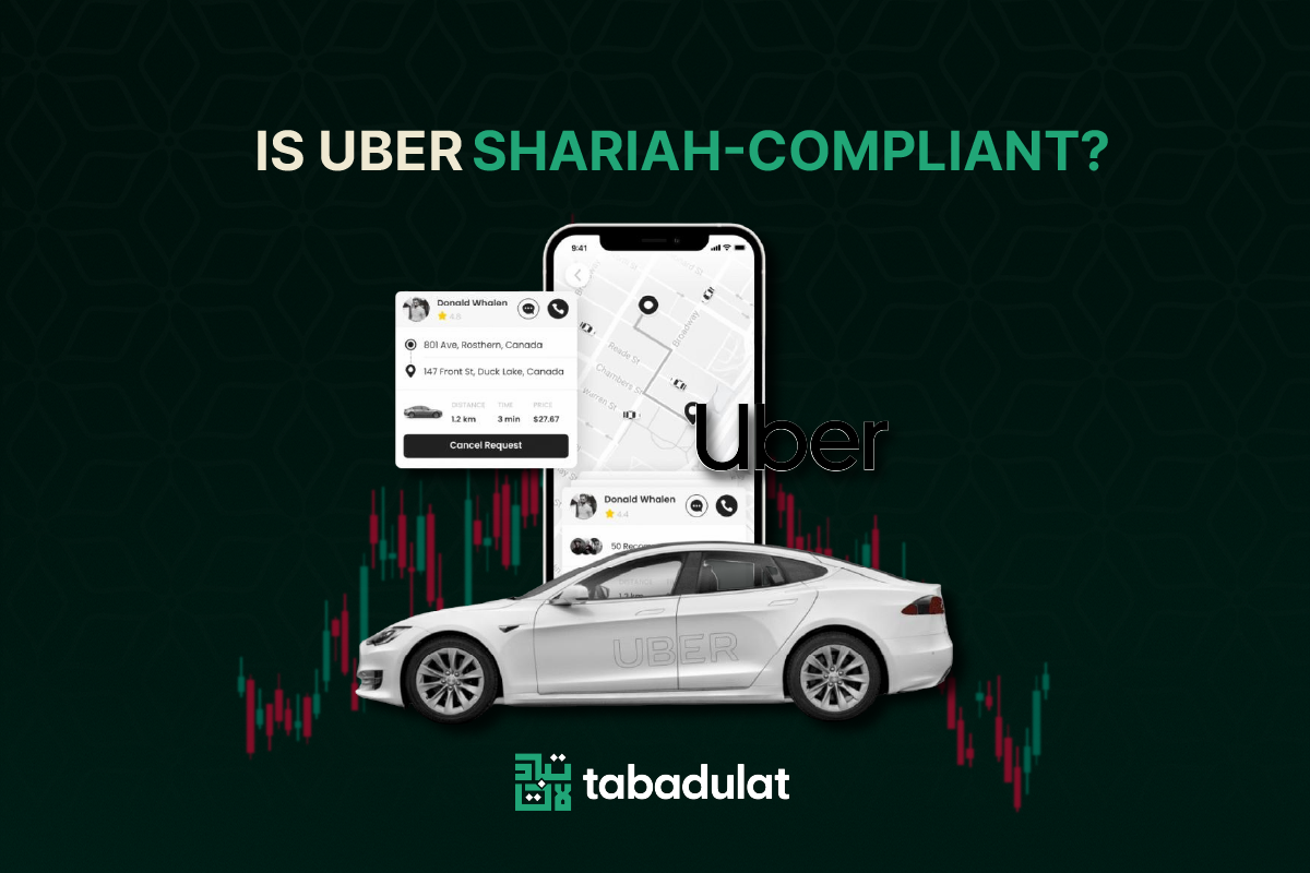 Is Uber Stock Shariah-Compliant? Tesla Uber taxi with Uber app screenshots on iPhone