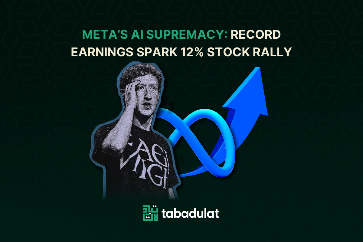 Meta’s 12% AI stock rally visual with Mark Zuckerberg and Tabadulat branding.