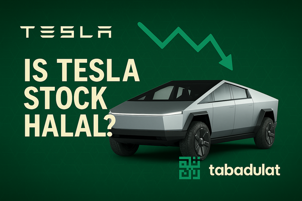 Tesla Cybertruck with a downward green stock chart arrow and the text "Is Tesla Stock Halal?" on a green background with Tabadulat branding.