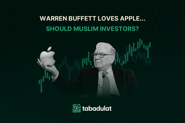 Warren Buffett Loves Apple... But Should Muslim Investors? Warren Buffet holding up Apple logo
