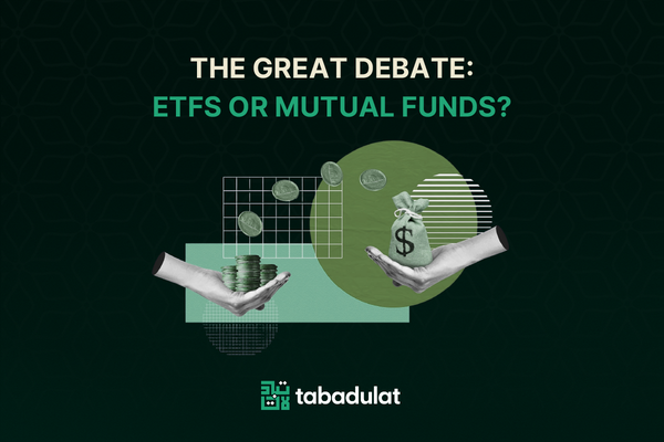 ETFs vs Mutual Funds graphic by Tabadulat for halal investing comparison with coins and money bag illustration