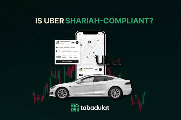 Is Uber Stock Shariah-Compliant? Tesla Uber taxi with Uber app screenshots on iPhone