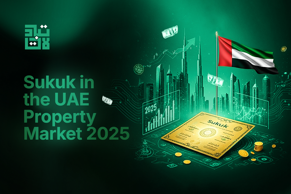 Illustration of sukuk certificate, UAE flag, and Dubai skyline highlighting the role of sukuk in the UAE property market 2025.
