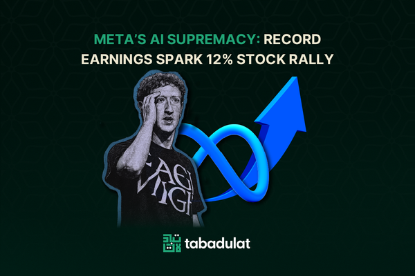 Meta’s 12% AI stock rally visual with Mark Zuckerberg and Tabadulat branding.
