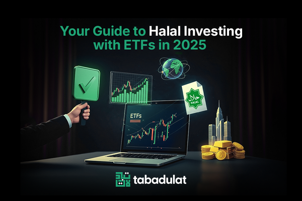 Your Guide To Halal Investing With ETFs In 2025. trading on laptop with skyscrapers and gold ba